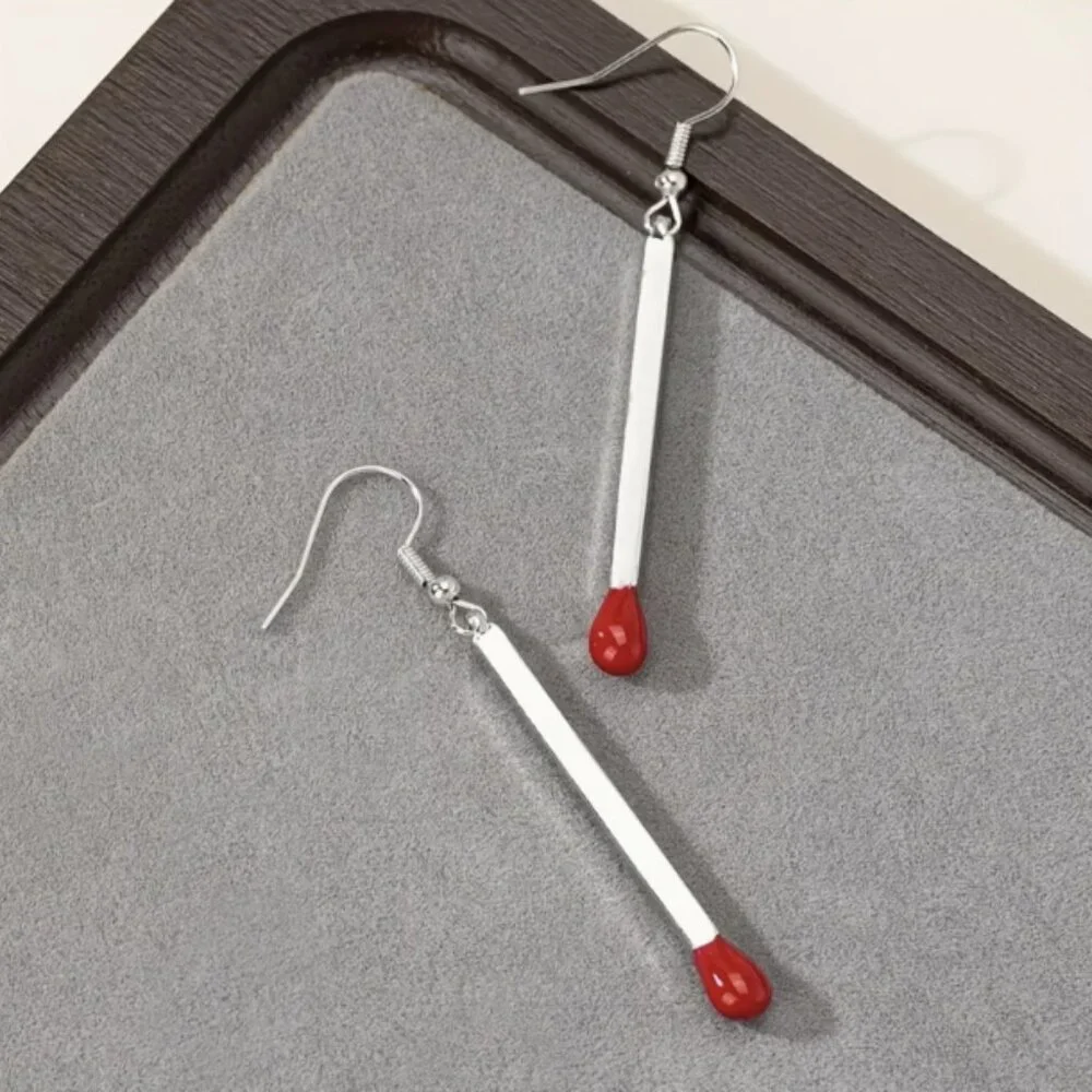 Silver Matchstick Minimalist Trendy Streetwear Dangle Earrings NEW - Picture 1 of 6